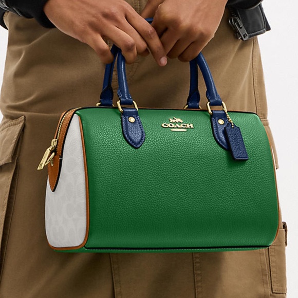 New💚🤎Coach Green Rowan Satchel Bag In Blocked Signature Canvas - Picture 1 of 5